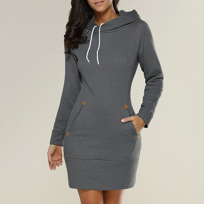 2021 Spring And Autumn Ladies Knee-Length Dress Hooded Warm Sweatshirt Long Sleeve Camp Collar Pocket Simple Casual Sports Dress