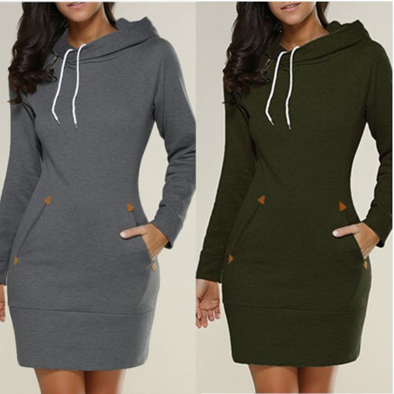 2021 Spring And Autumn Ladies Knee-Length Dress Hooded Warm Sweatshirt Long Sleeve Camp Collar Pocket Simple Casual Sports Dress