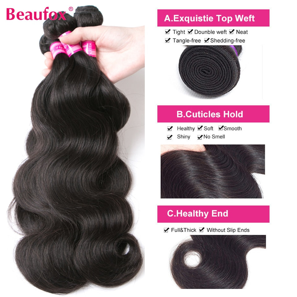 Beaufox Body Wave Bundles Brazilian Hair Weave Bundles 1/3/4 PCS Human Hair Bundles Natural /Jet Black 8-30"Remy Hair Extensions