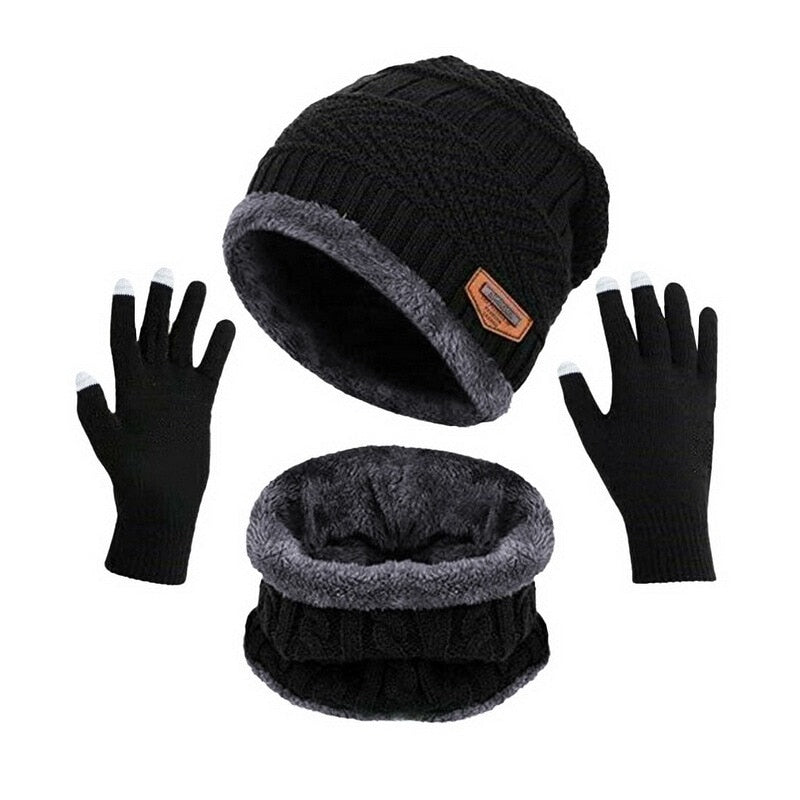 3pcs/set Fashion  Knitted Hat Men Women's Winter 2021 Hats With Scarves And Touch Screen Gloves Thick Warm Beanie Hat Men Caps