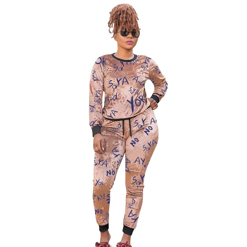 CM.YAYA New XL-5XL Letter Print Velvet Women's Set Sweatshirt Top Jogger Pants Suit Tracksuit Two Piece Set Fitness Outfit