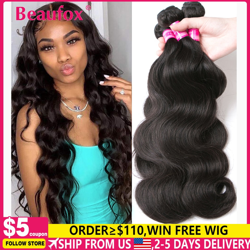 Beaufox Body Wave Bundles Brazilian Hair Weave Bundles 1/3/4 PCS Human Hair Bundles Natural /Jet Black 8-30"Remy Hair Extensions