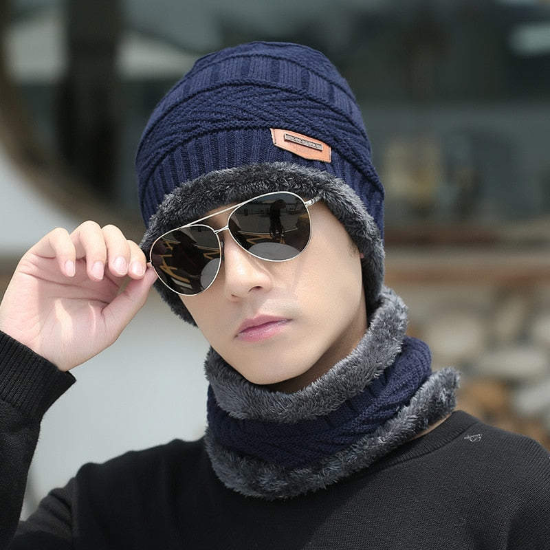 2022 Winter Beanie Hat for Men Knitted Hat Winter Cap Beanie Women Thick Wool Neck Scarf Cap Balaclava Mask Bonnet Hats Set