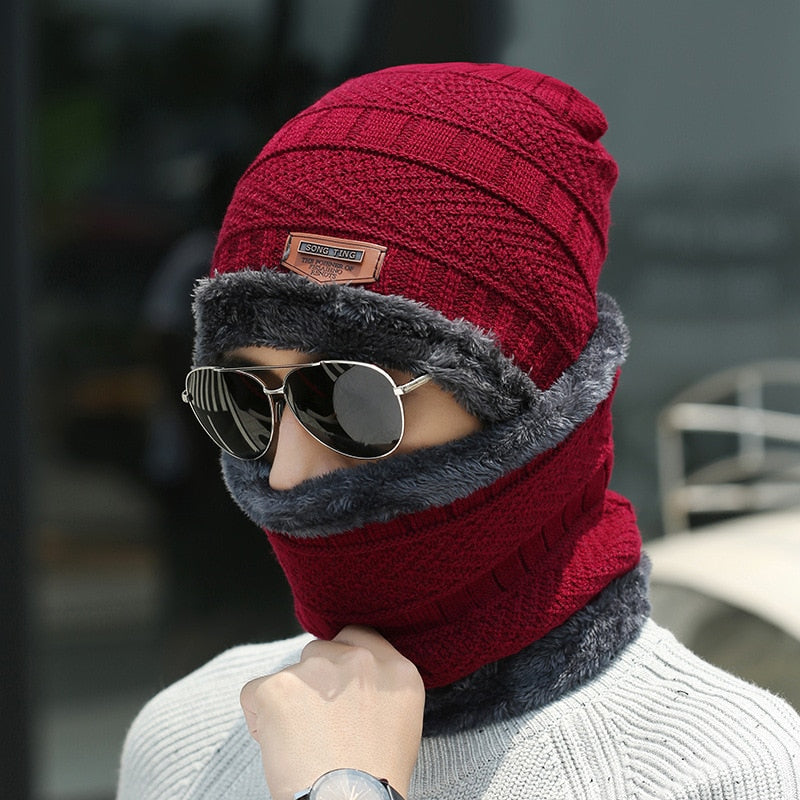 2022 Winter Beanie Hat for Men Knitted Hat Winter Cap Beanie Women Thick Wool Neck Scarf Cap Balaclava Mask Bonnet Hats Set