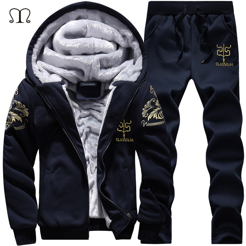 2 Pieces Sets Tracksuit Men New Brand Autumn Winter Thick Hooded Sweatshirt Coat+Pants Male Outfit Sportswear Set Chandal Hombre