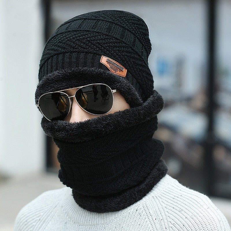 2022 Winter Beanie Hat for Men Knitted Hat Winter Cap Beanie Women Thick Wool Neck Scarf Cap Balaclava Mask Bonnet Hats Set