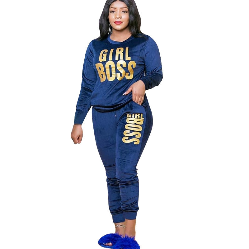 CM.YAYA New XL-5XL Letter Print Velvet Women's Set Sweatshirt Top Jogger Pants Suit Tracksuit Two Piece Set Fitness Outfit