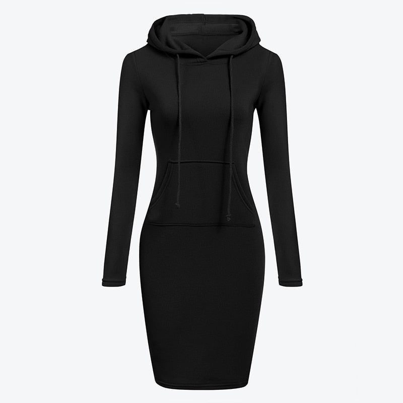 2021 Spring And Autumn Ladies Knee-Length Dress Hooded Warm Sweatshirt Long Sleeve Camp Collar Pocket Simple Casual Sports Dress