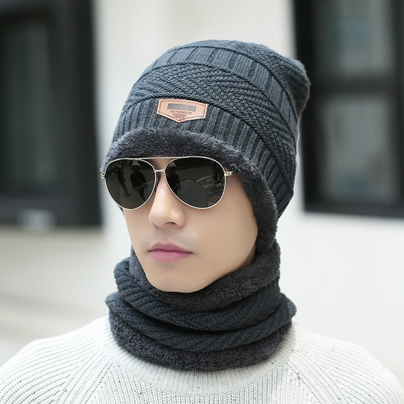 2022 Winter Beanie Hat for Men Knitted Hat Winter Cap Beanie Women Thick Wool Neck Scarf Cap Balaclava Mask Bonnet Hats Set