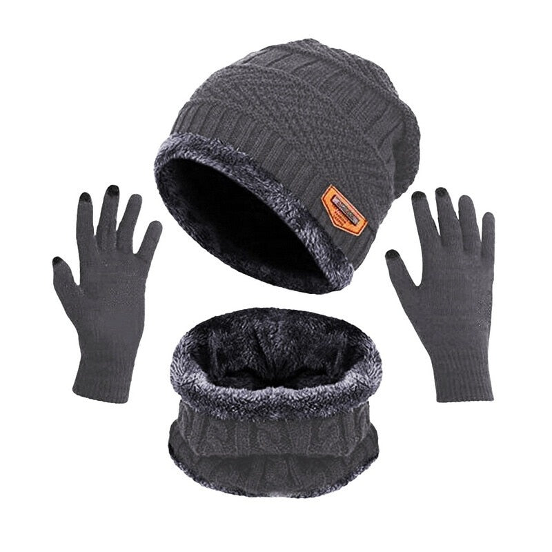 3pcs/set Fashion  Knitted Hat Men Women's Winter 2021 Hats With Scarves And Touch Screen Gloves Thick Warm Beanie Hat Men Caps