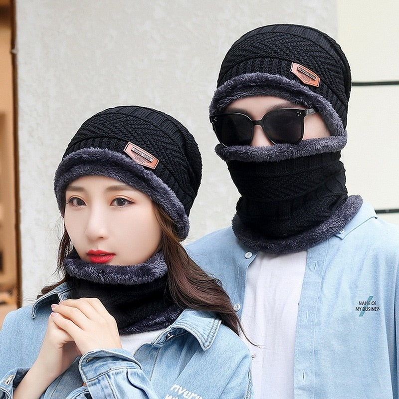 3pcs/set Fashion  Knitted Hat Men Women's Winter 2021 Hats With Scarves And Touch Screen Gloves Thick Warm Beanie Hat Men Caps