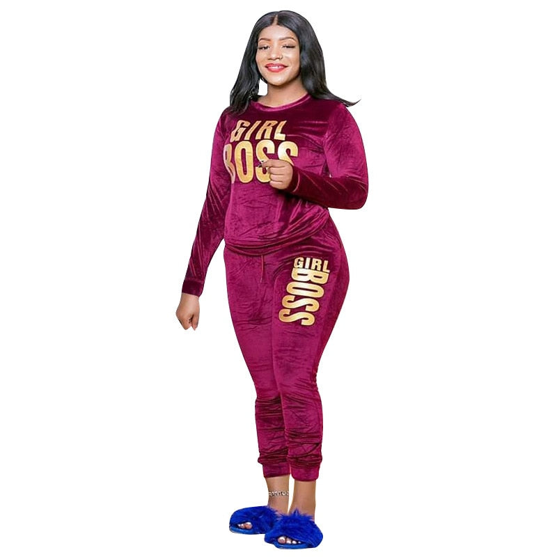 CM.YAYA New XL-5XL Letter Print Velvet Women's Set Sweatshirt Top Jogger Pants Suit Tracksuit Two Piece Set Fitness Outfit